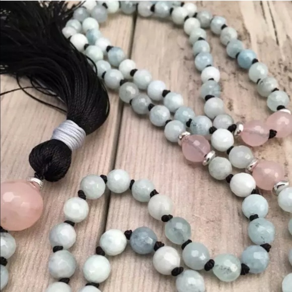 Genuine Aquamarine and Rose Quartz Mala necklace - Picture 2 of 7